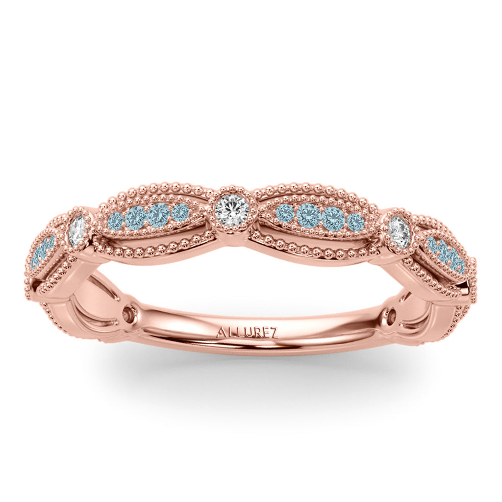 Antique Style Aquamarine & Diamond Bridal Ring Set 18K Rose Gold (0.40ct)