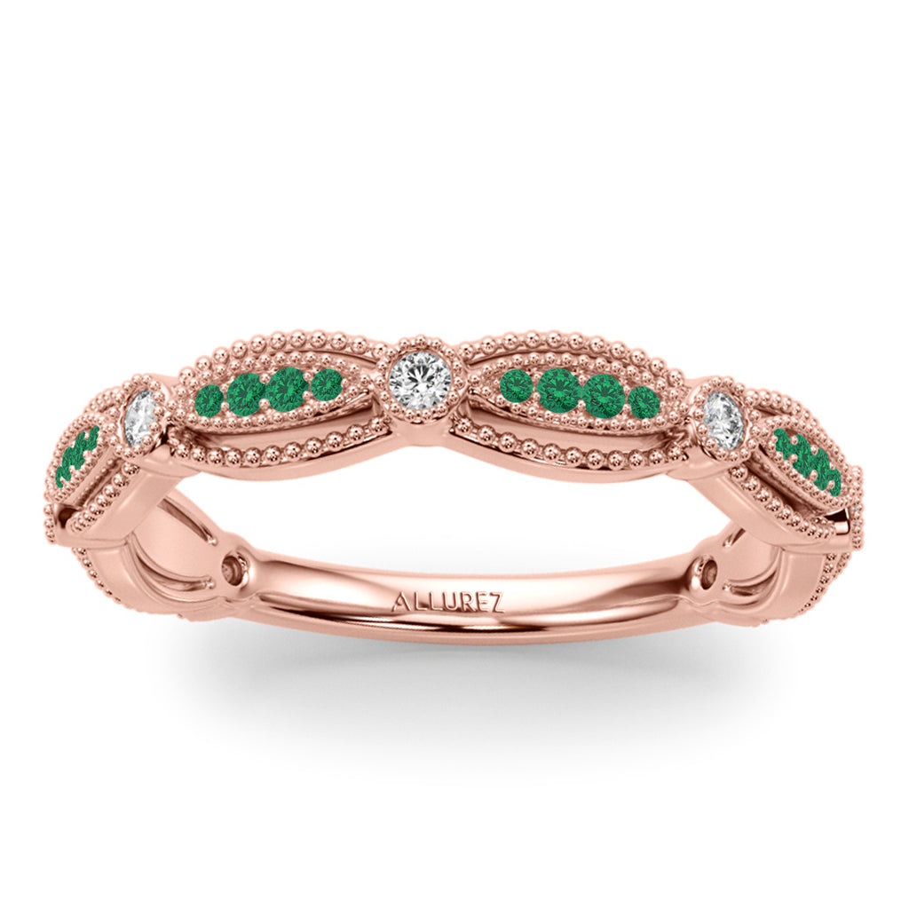 Antique Style Lab Emerald & Lab Grown Diamond Bridal Ring Set 18K Rose Gold (0.40ct)