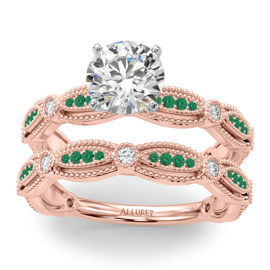 Antique Style Emerald & Diamond Bridal Ring Set 18K Rose Gold (0.40ct)