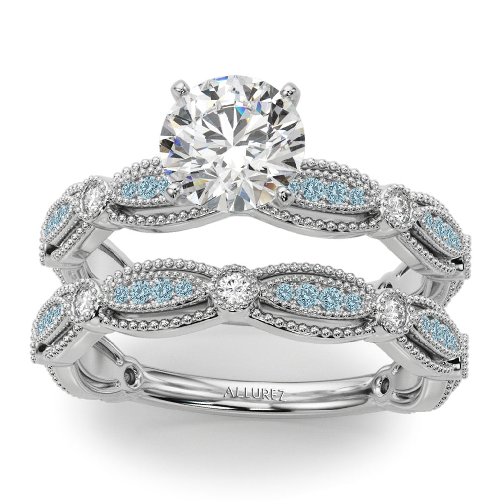Antique Style Aquamarine & Diamond Bridal Ring Set 18K White Gold (0.40ct)
