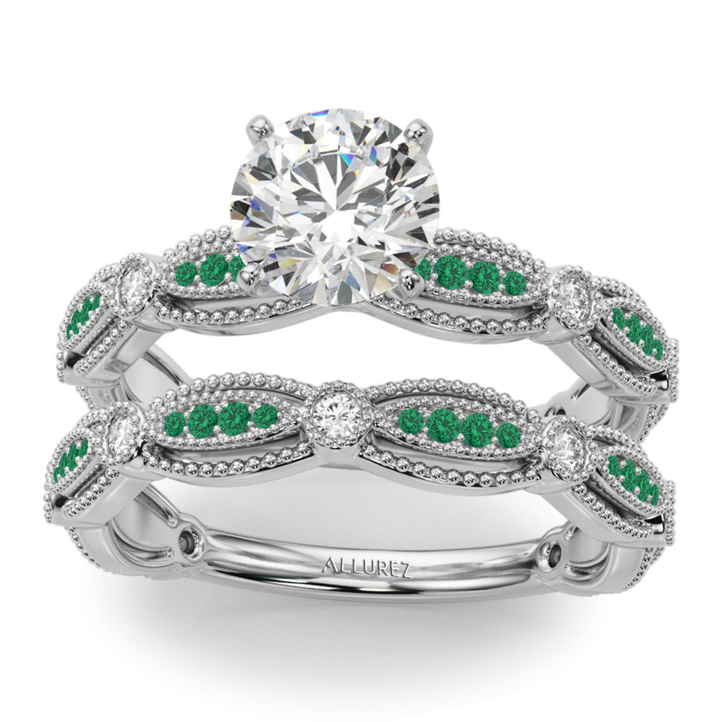 Antique Style Emerald & Diamond Bridal Ring Set 18K White Gold (0.40ct)