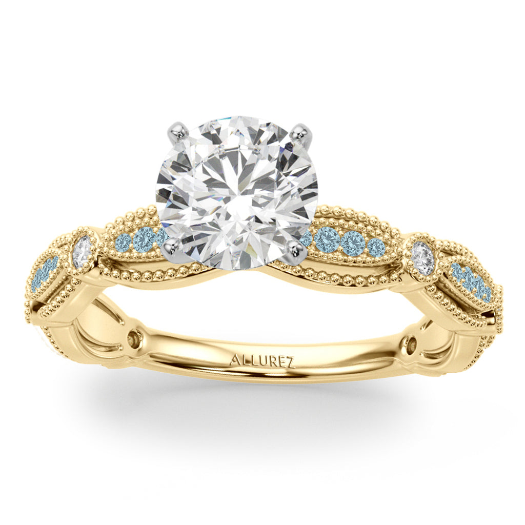 Antique Style Aquamarine & Diamond Bridal Ring Set 18K Yellow Gold (0.40ct)