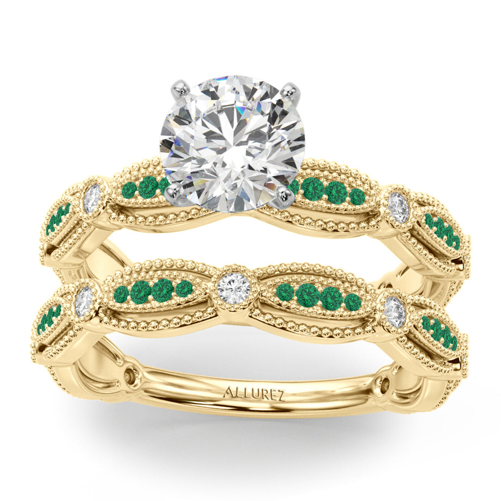 Antique Style Emerald & Diamond Bridal Ring Set 18K Yellow Gold (0.40ct)