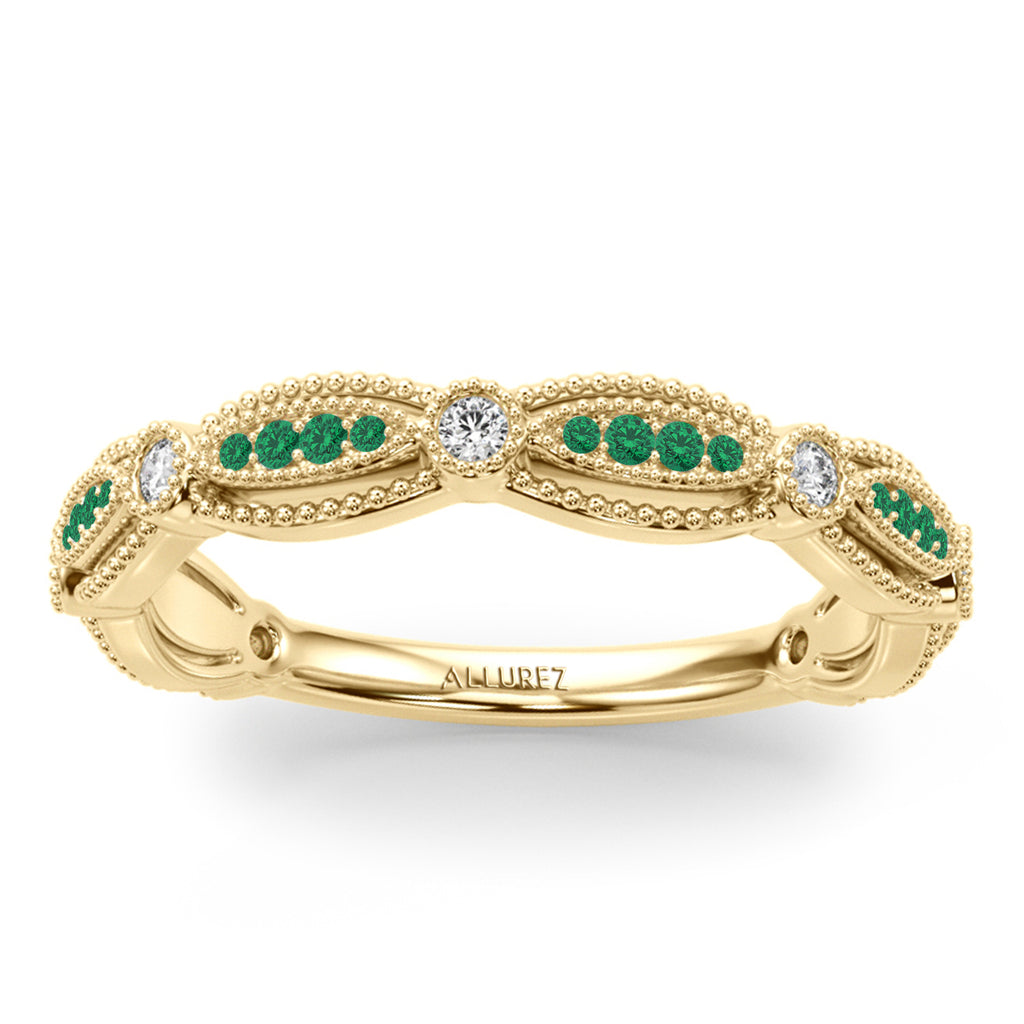 Antique Style Emerald & Diamond Bridal Ring Set 18K Yellow Gold (0.40ct)