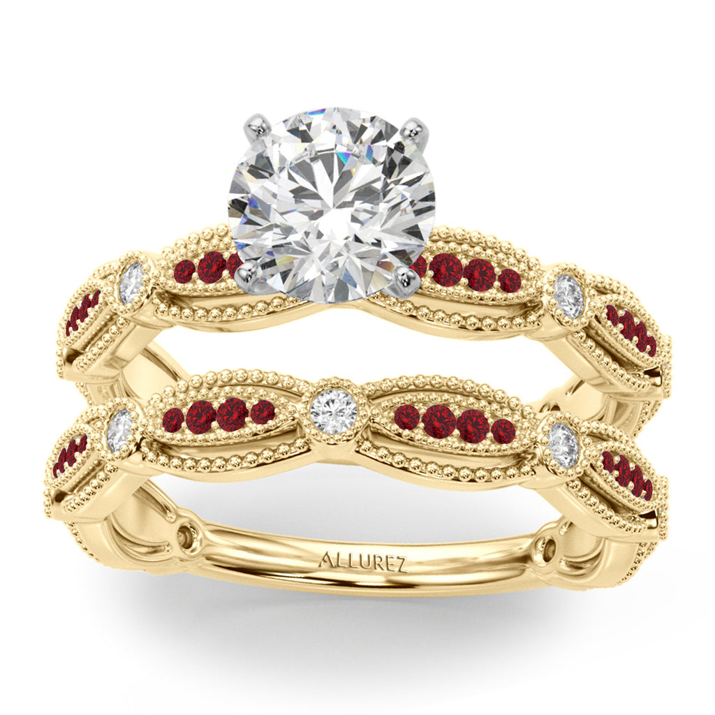 Antique Style Lab Ruby & Lab Diamond Bridal Ring Set 18K Yellow Gold (0.40ct)