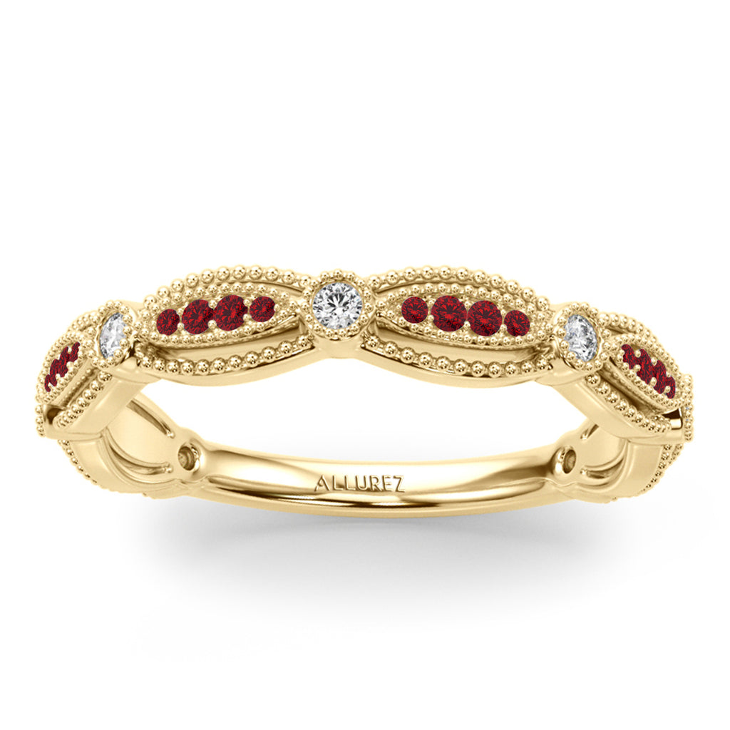 Antique Style Lab Ruby & Lab Diamond Bridal Ring Set 18K Yellow Gold (0.40ct)