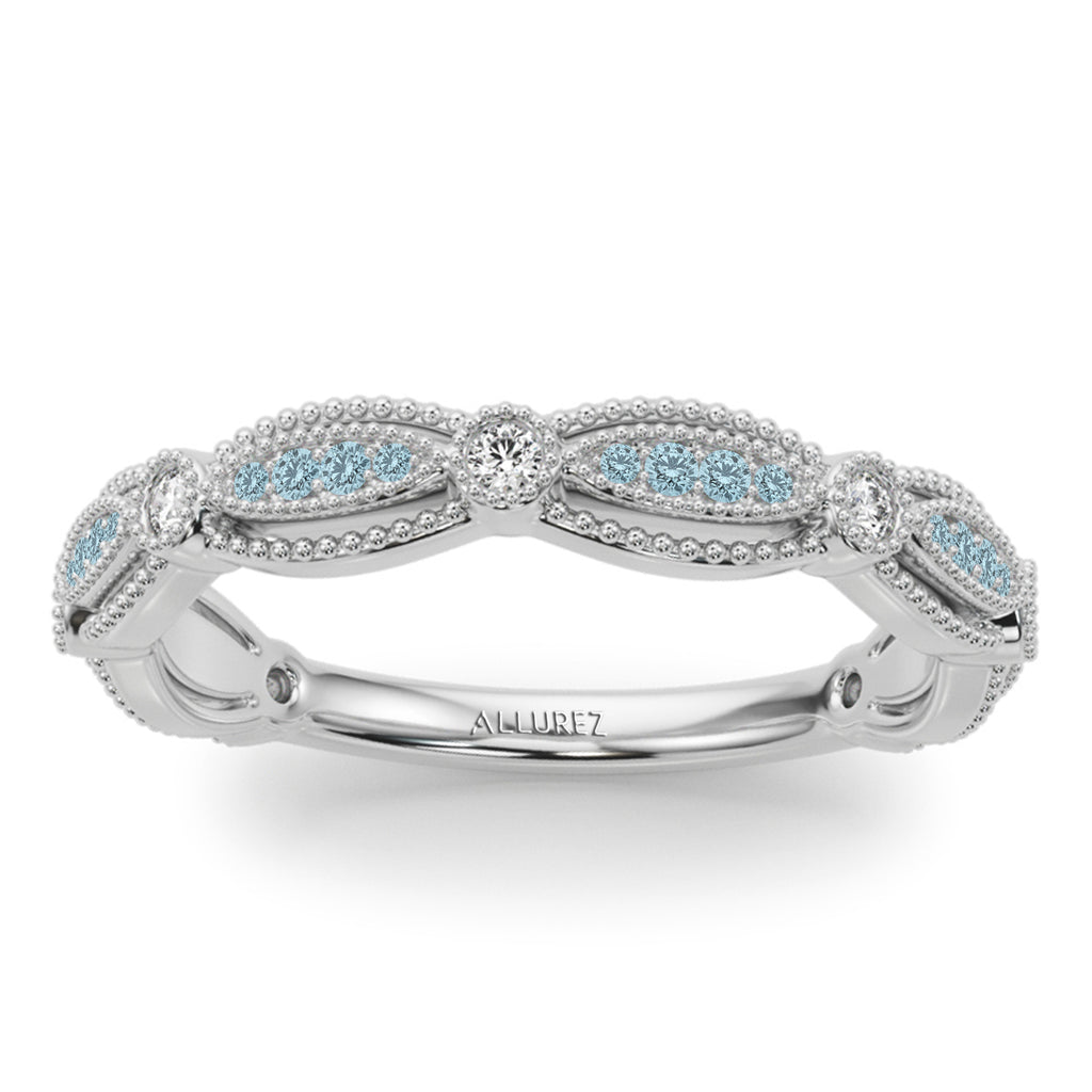 Antique Style Aquamarine & Diamond Bridal Ring Set in Palladium (0.40ct)