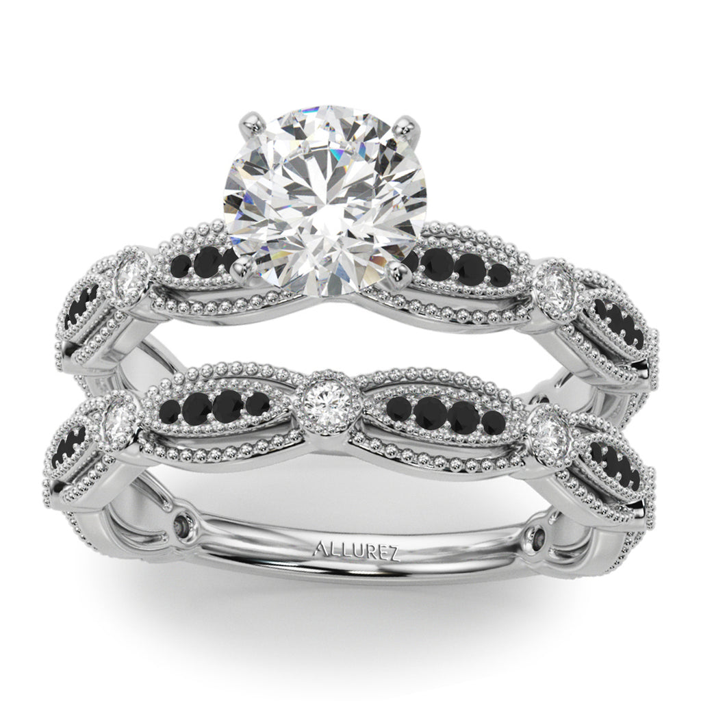 Antique Style Black Diamond & Diamond Bridal Ring Set in Palladium (0.40ct)