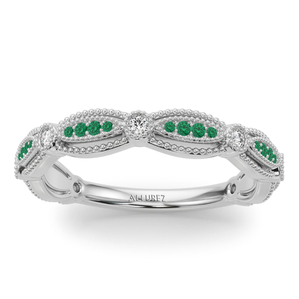 Antique Style Emerald & Diamond Bridal Ring Set in Palladium (0.40ct)