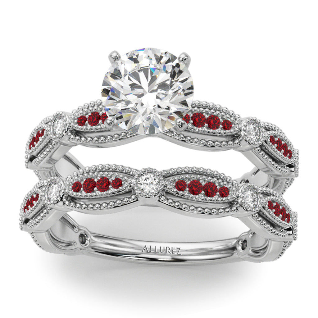 Antique Style Ruby & Diamond Bridal Ring Set in Platinum (0.40ct)
