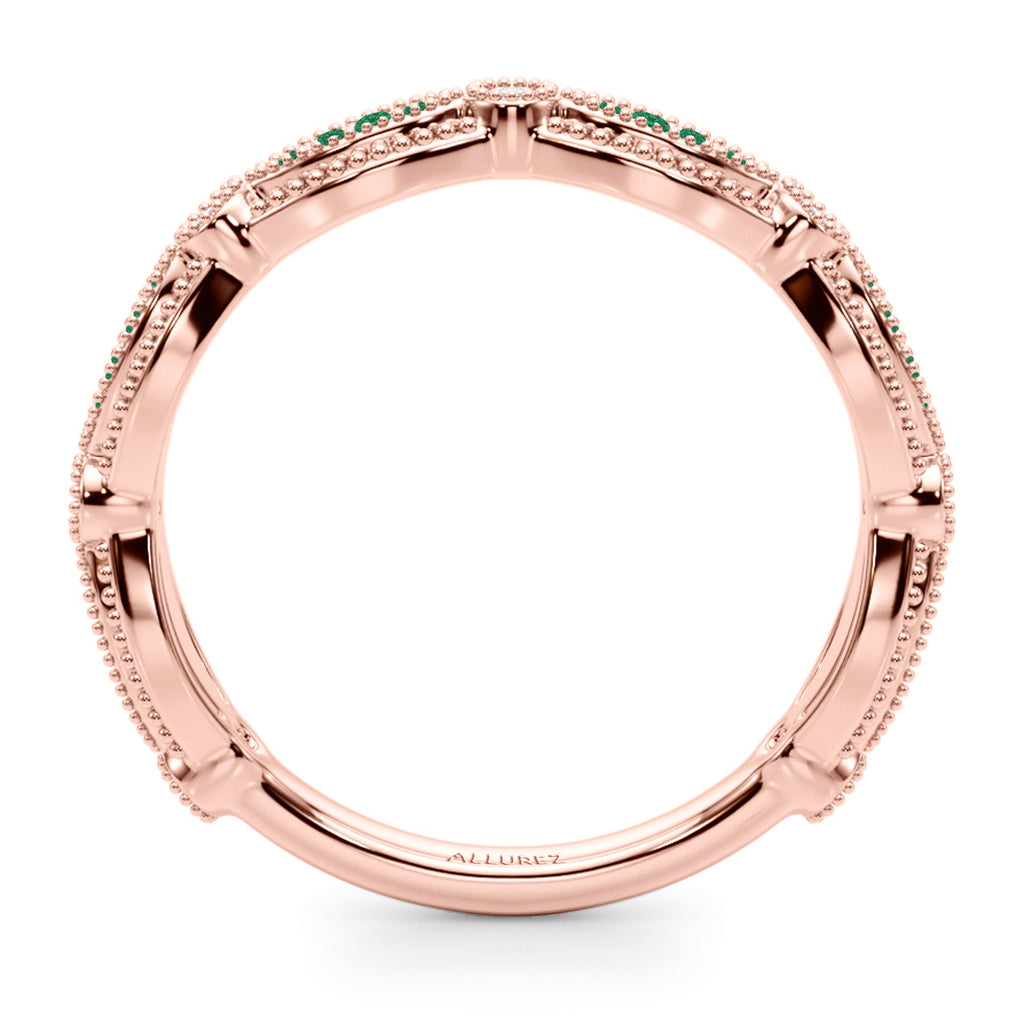 Antique Style Lab Emerald & Lab Diamond Wedding Ring Band 14K Rose Gold (0.20ct)