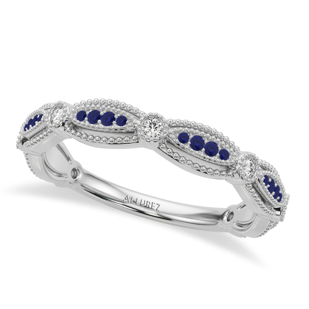 Antique Style Blue Sapphire & Diamond Wedding Ring Band 14K White Gold (0.20ct)