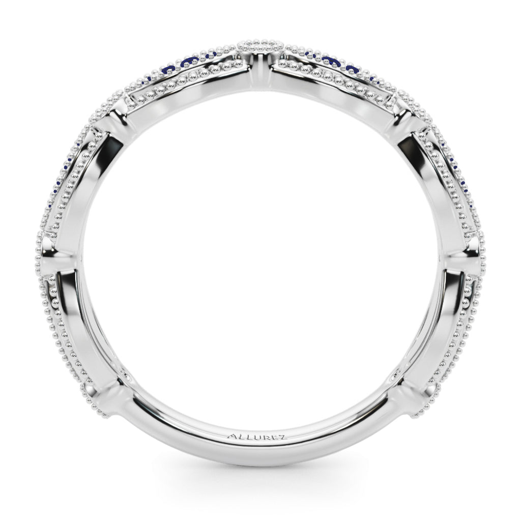 Antique Style Blue Sapphire & Diamond Wedding Ring Band 14K White Gold (0.20ct)