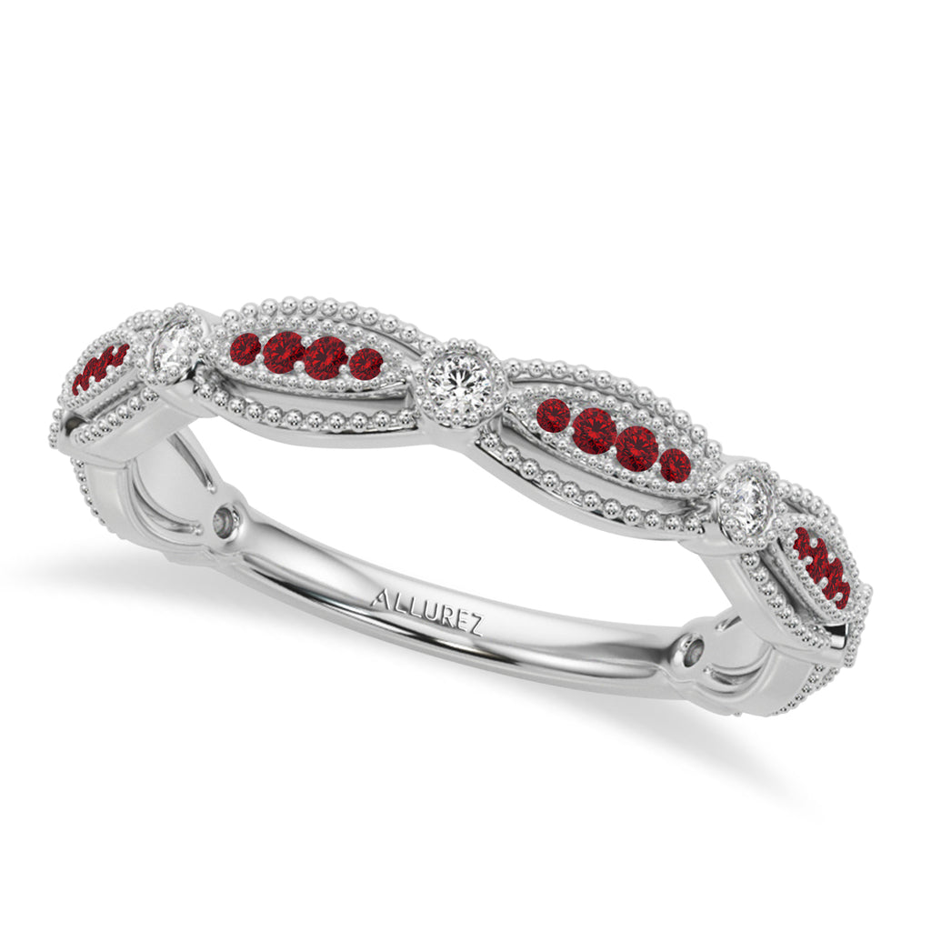 Antique Style Ruby & Diamond Wedding Ring Band 14K White Gold (0.20ct)