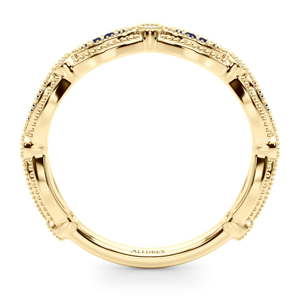 Antique Style Lab Blue Sapphire & Lab Diamond Wedding Ring Band 14K Yellow Gold (0.20ct)