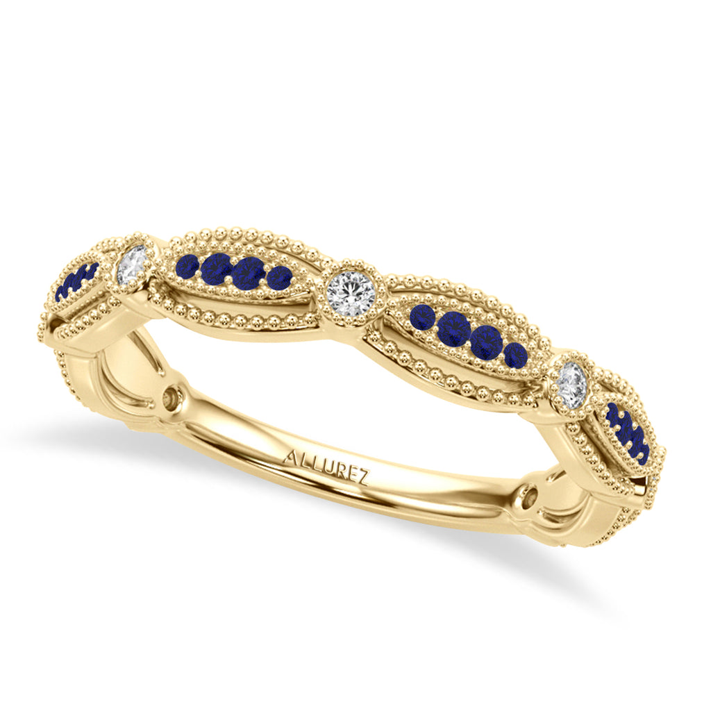 Antique Style Blue Sapphire & Diamond Wedding Ring Band 14K Yellow Gold (0.20ct)