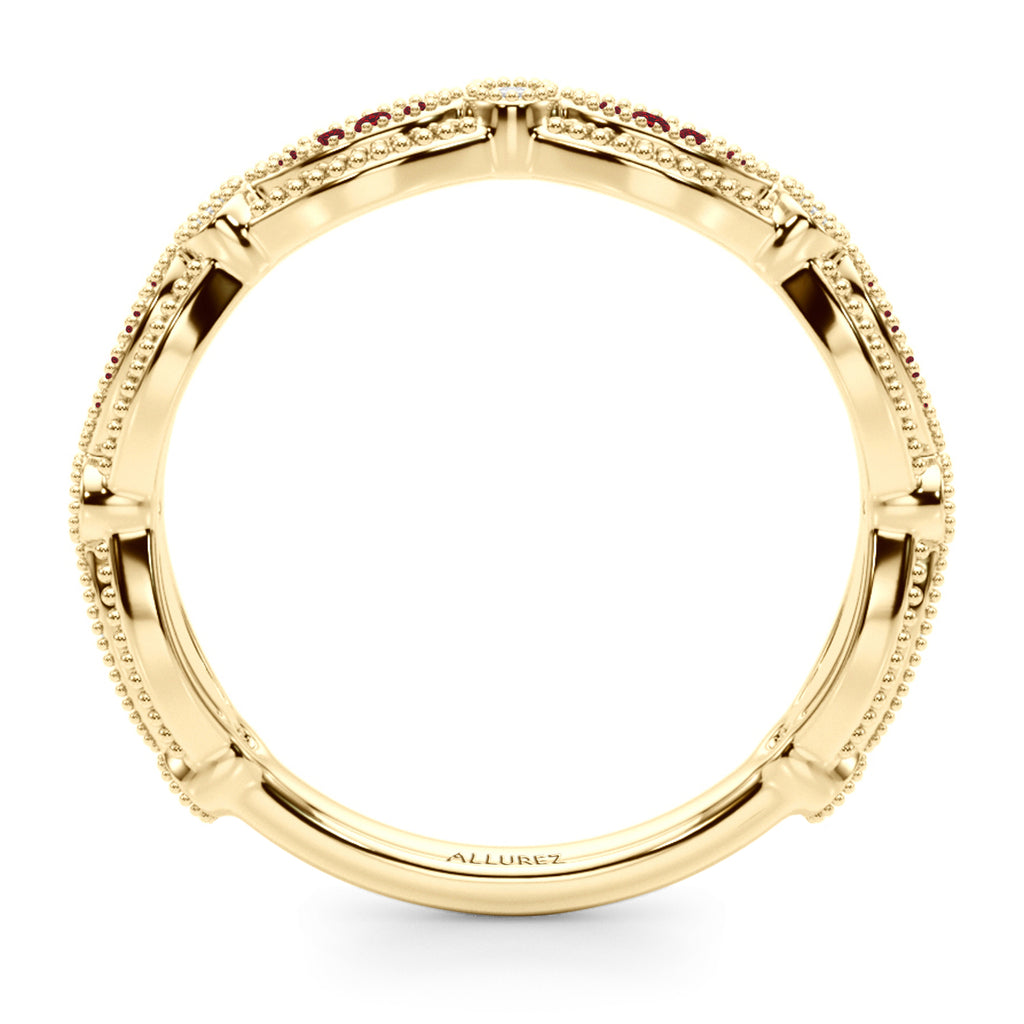 Antique Style Lab Ruby & Lab Diamond Wedding Ring Band 14K Yellow Gold (0.20ct)