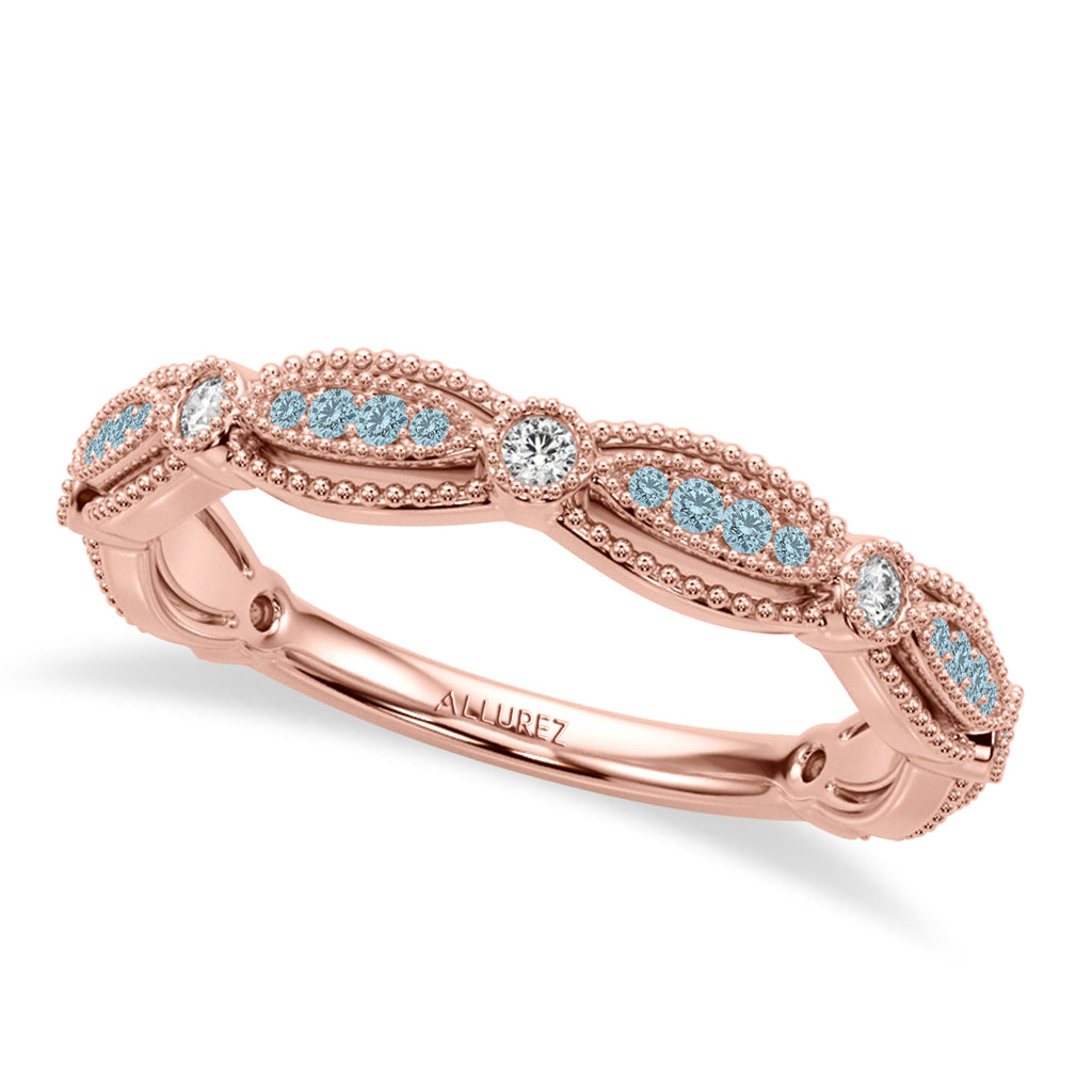 Antique Style Aquamarine & Diamond Wedding Ring Band 18K Rose Gold (0.20ct)