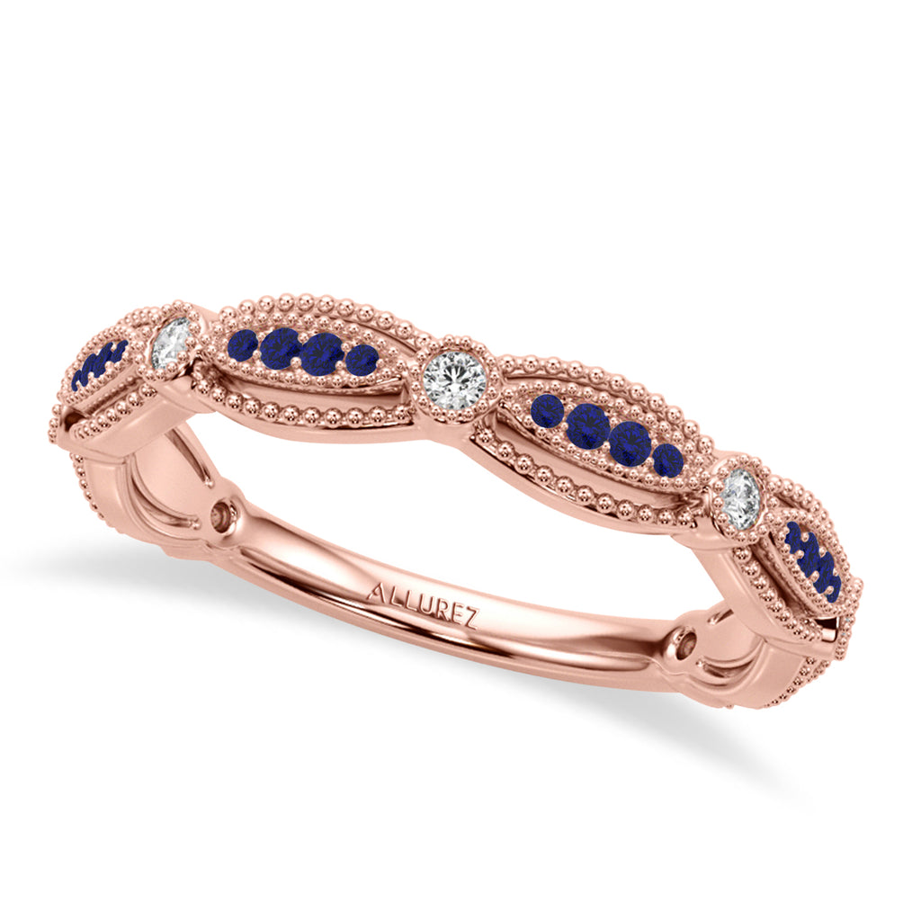 Antique Style Blue Sapphire & Diamond Wedding Ring Band 14K Rose Gold (0.20ct)