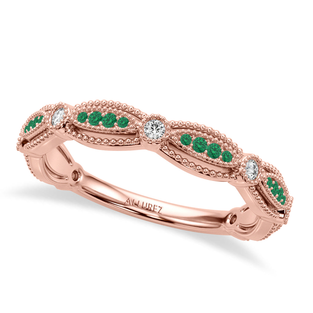 Antique Style Emerald & Diamond Wedding Ring Band 18K Rose Gold (0.20ct)