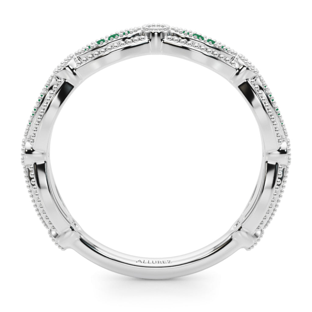 Antique Style Emerald & Diamond Wedding Ring Band 18K White Gold (0.20ct)