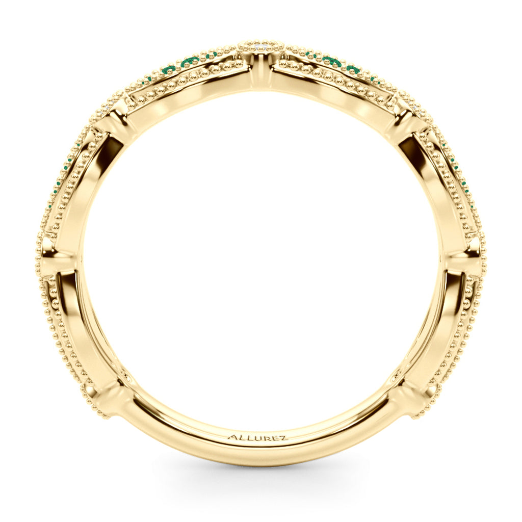 Antique Style Lab Emerald & Lab Diamond Wedding Ring Band 18K Yelow Gold (0.20ct)
