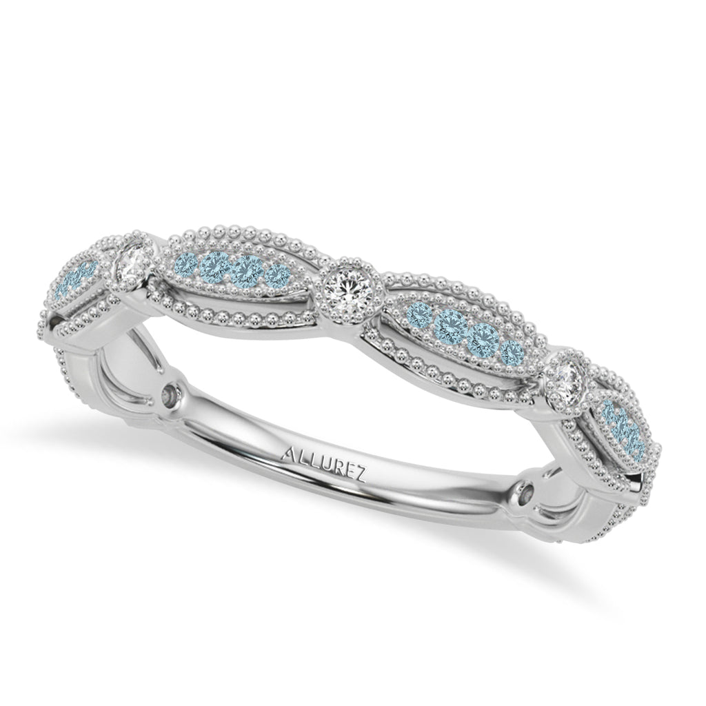 Antique Style Aquamarine & Diamond Wedding Ring Band in Palladium (0.20ct)