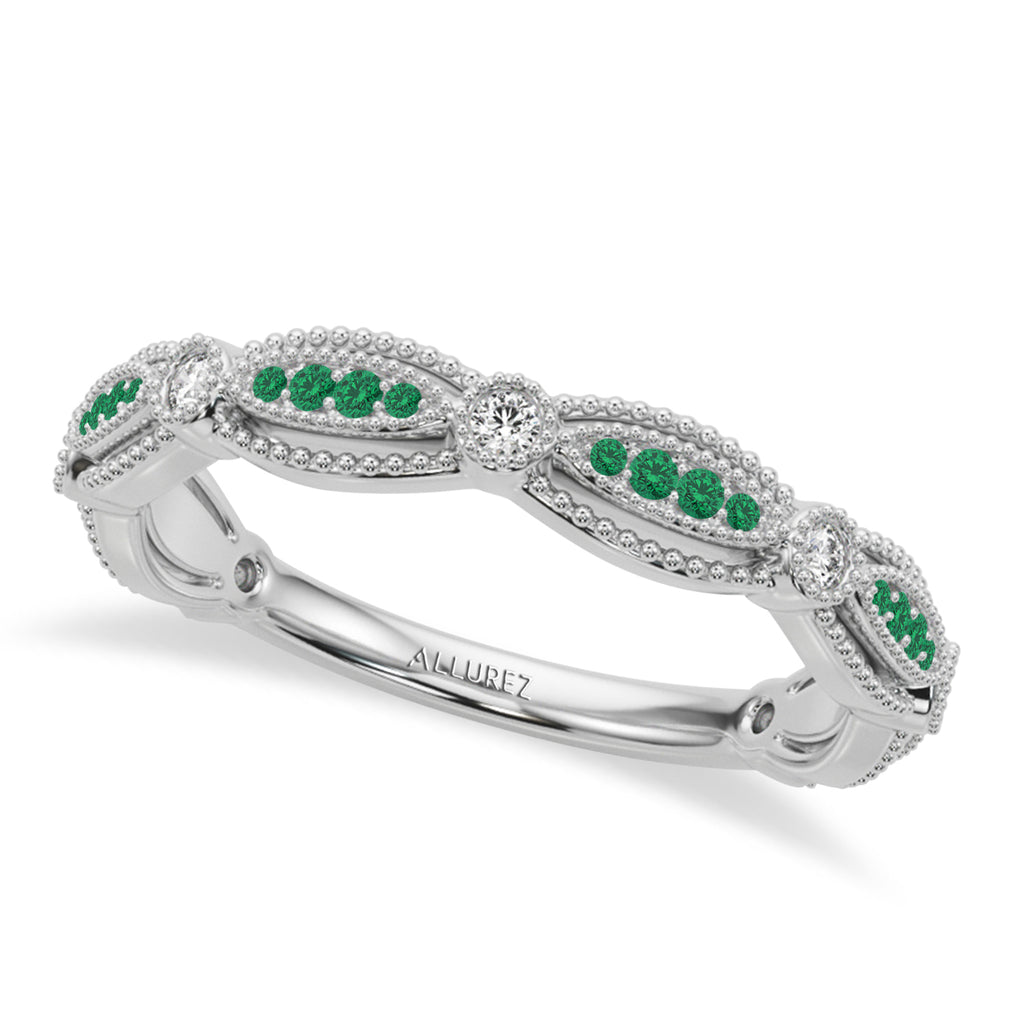 Antique Style Emerald & Diamond Wedding Ring Band in Palladium(0.20ct)