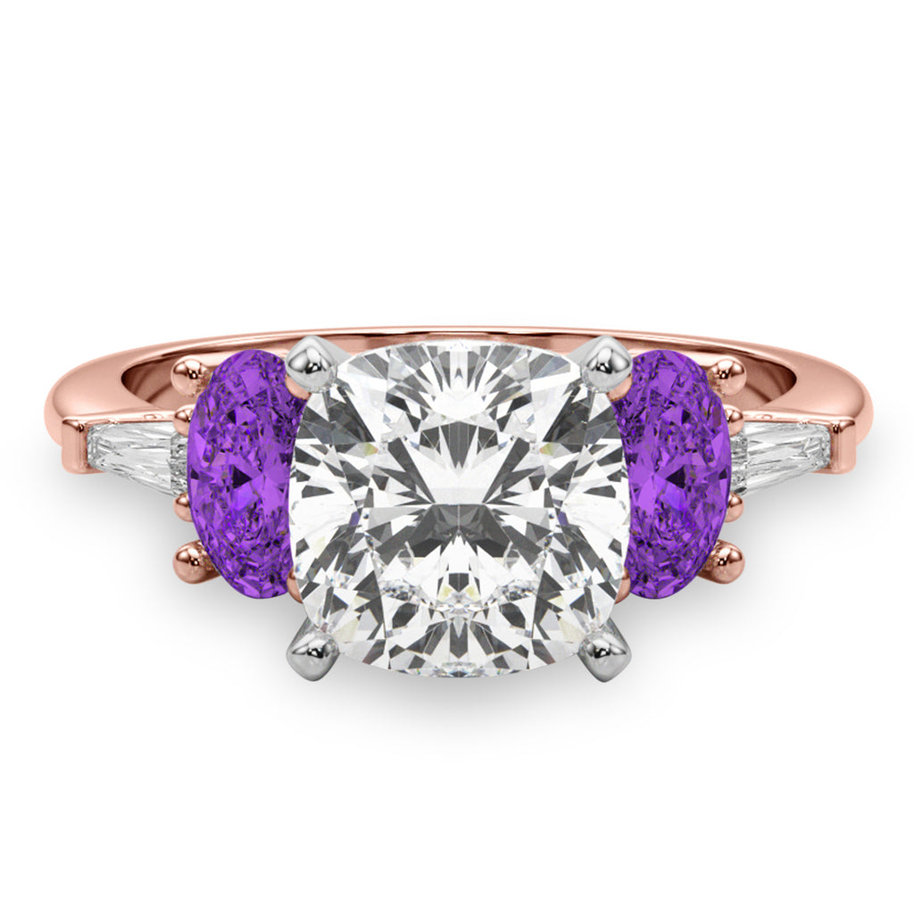 Cushion Cut Lab Diamond & Oval Amethyst Engagement Ring 18K Rose Gold (3.98ct)