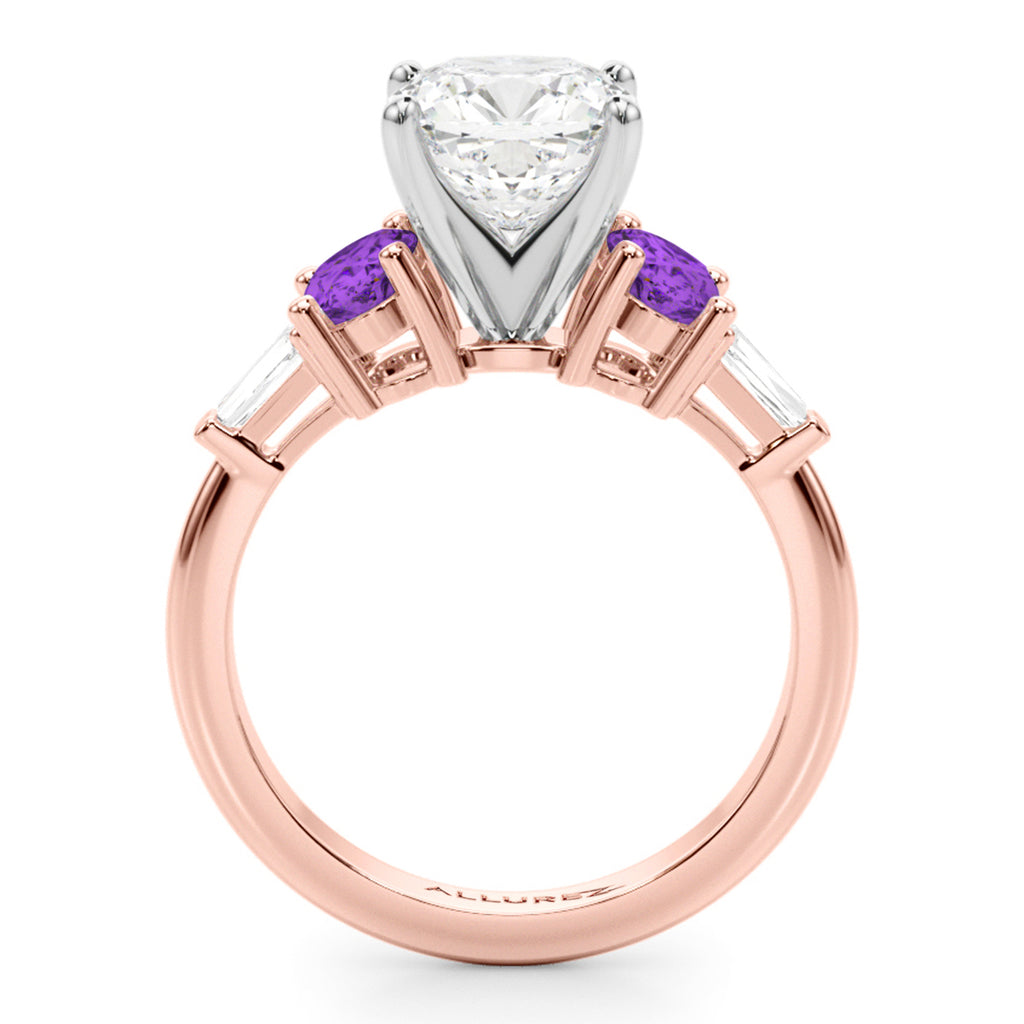 Cushion Cut Lab Diamond & Oval Amethyst Engagement Ring 18K Rose Gold (3.98ct)