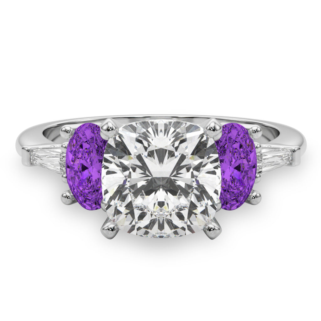 Cushion Cut Lab Diamond & Oval Amethyst Engagement Ring 18K White Gold (3.98ct)