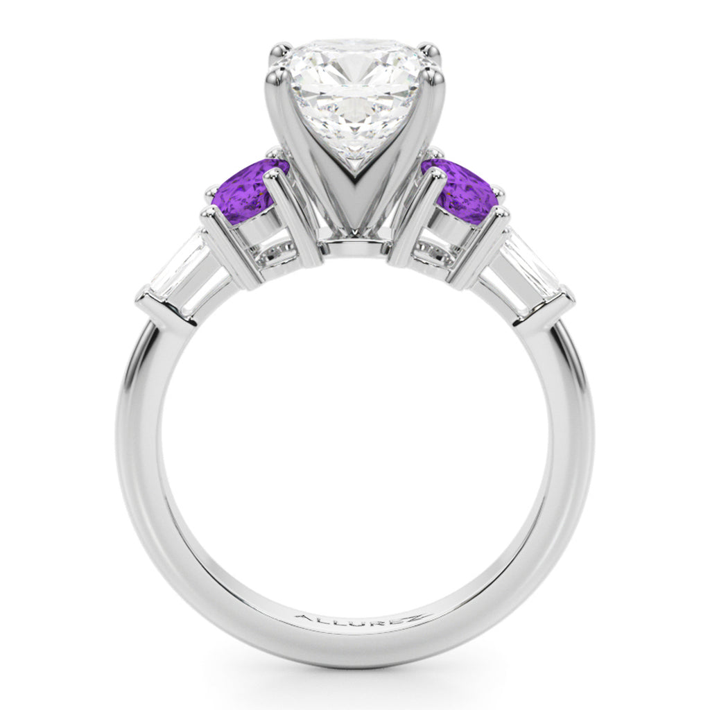 Cushion Cut Lab Diamond & Oval Amethyst Engagement Ring 18K White Gold (3.98ct)