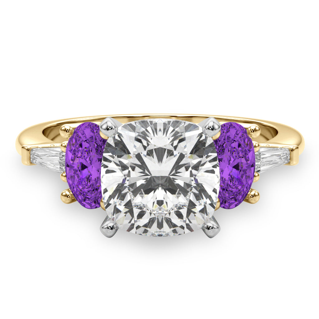 Cushion Cut Lab Diamond & Oval Amethyst Engagement Ring 18K Yellow Gold (3.98ct)