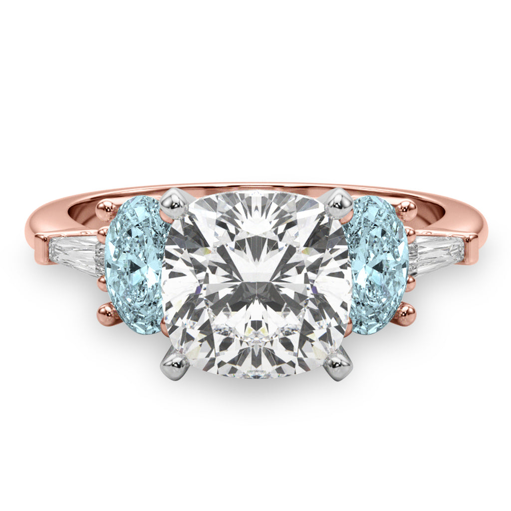 Cushion Cut Lab Diamond & Oval Aquamarine Engagement Ring 14K Rose Gold (3.98ct)