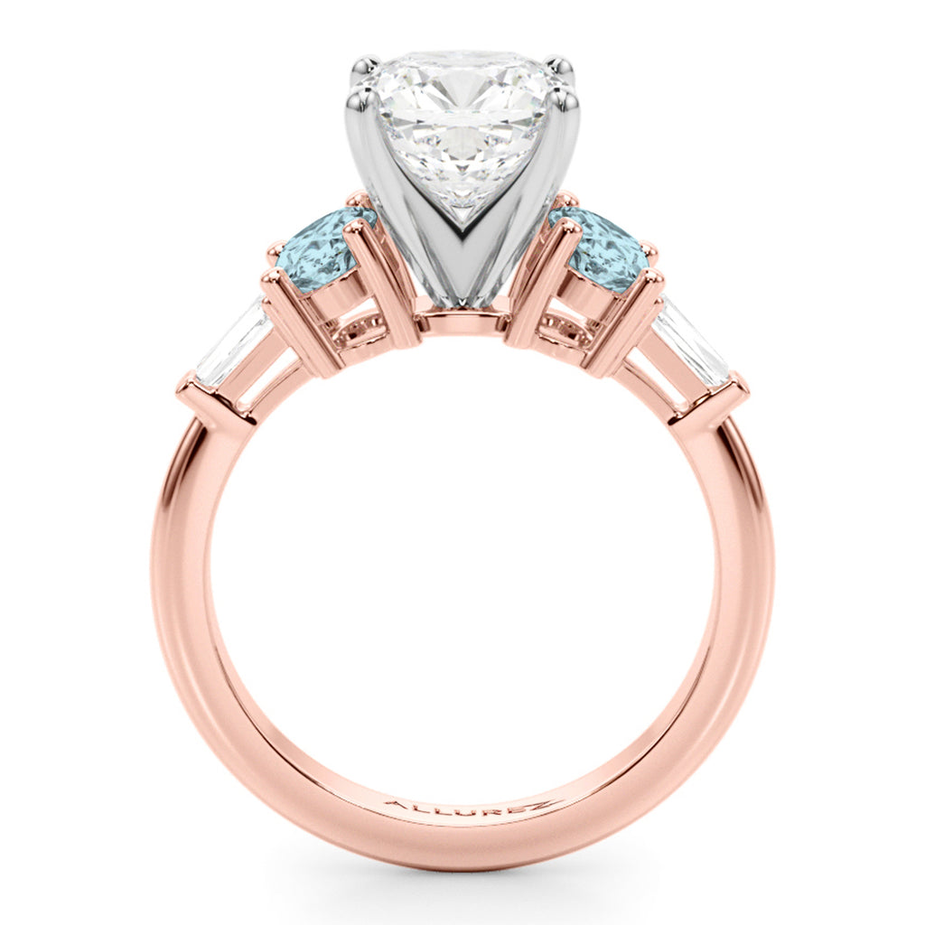 Cushion Cut Lab Diamond & Oval Aquamarine Engagement Ring 14K Rose Gold (3.98ct)