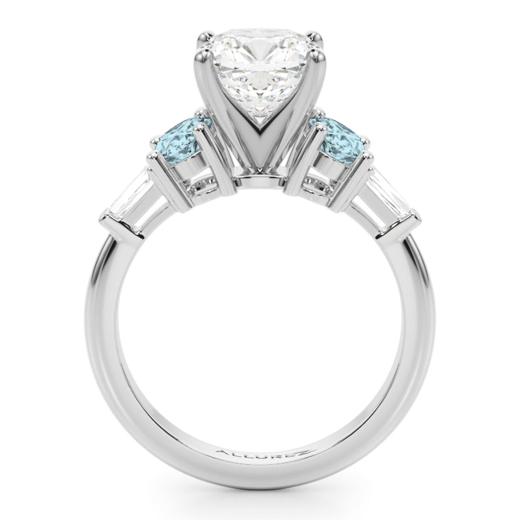 Cushion Cut Lab Diamond & Oval Aquamarine Engagement Ring 14K White Gold (3.98ct)