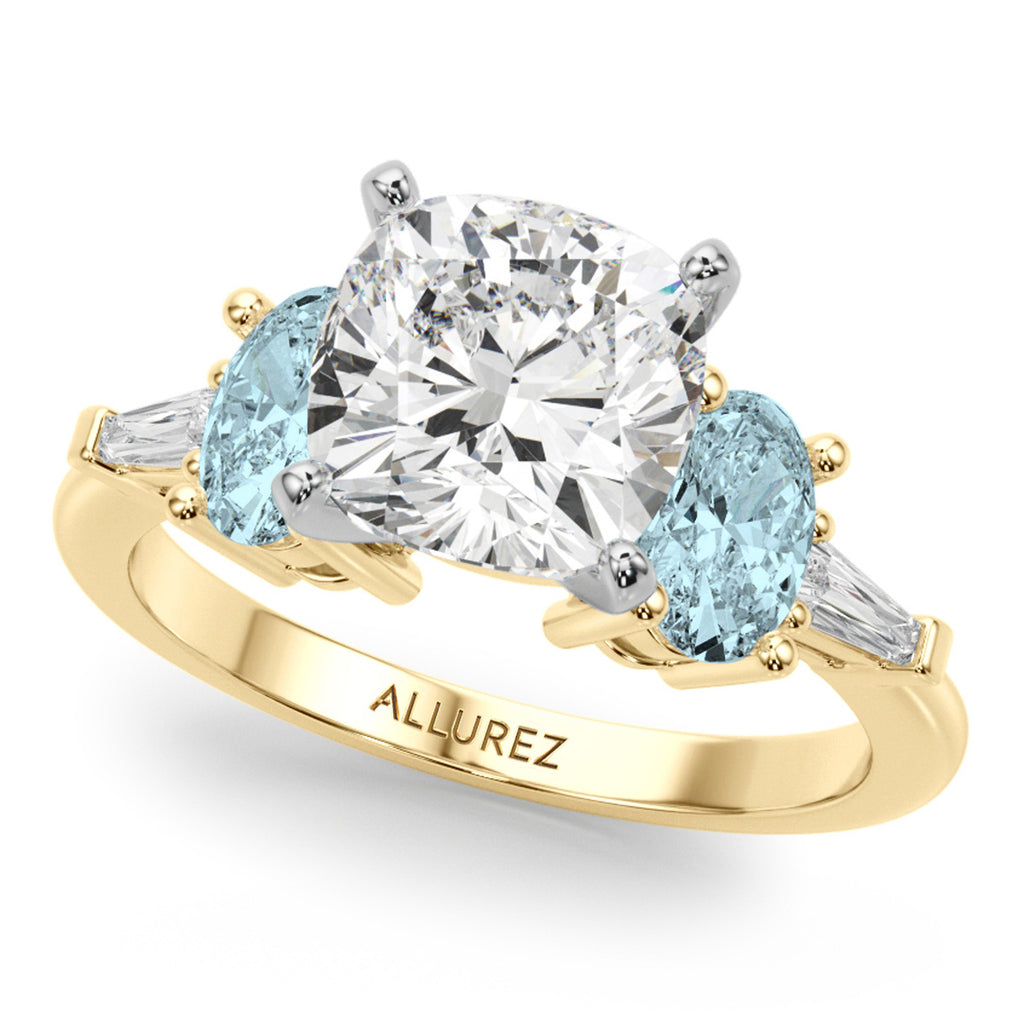 Cushion Cut Lab Diamond & Oval Aquamarine Engagement Ring 18K Yellow Gold (3.98ct)