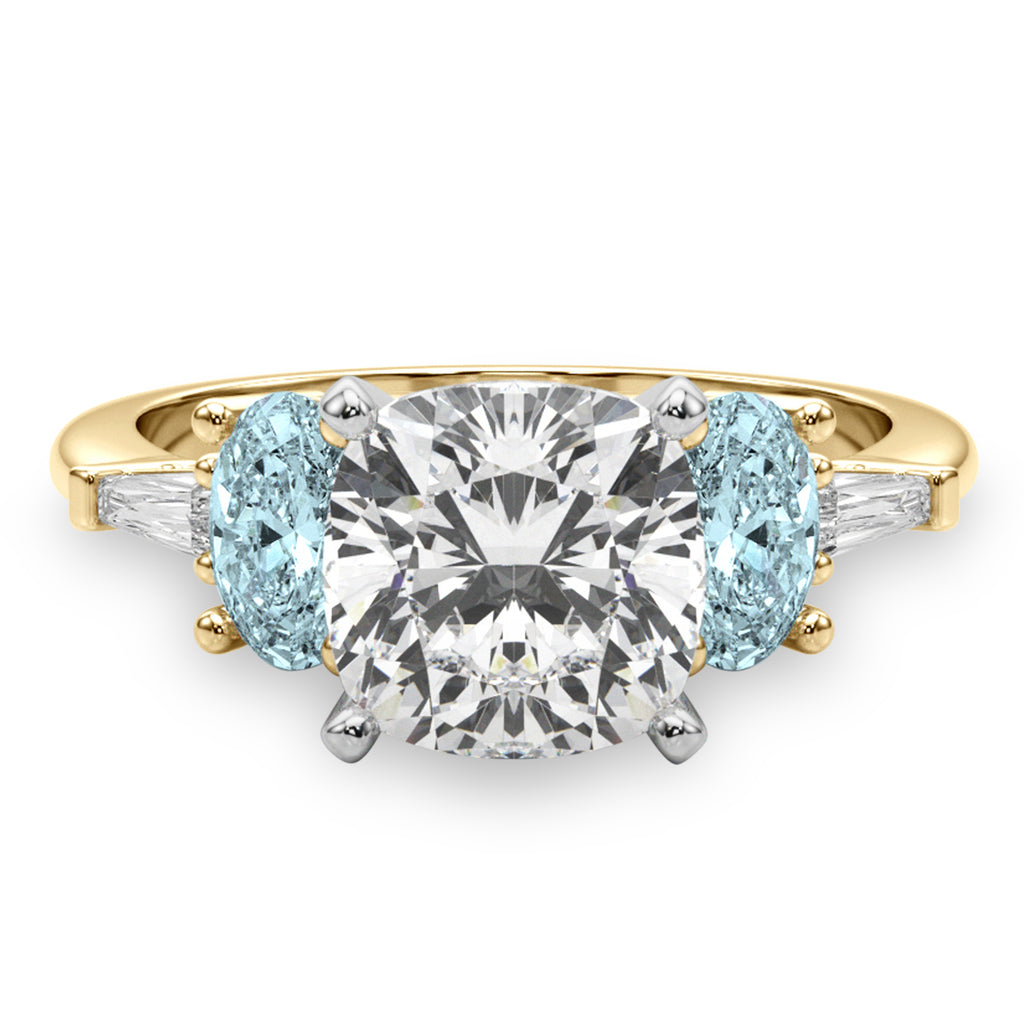 Cushion Cut Lab Diamond & Oval Aquamarine Engagement Ring 18K Yellow Gold (3.98ct)