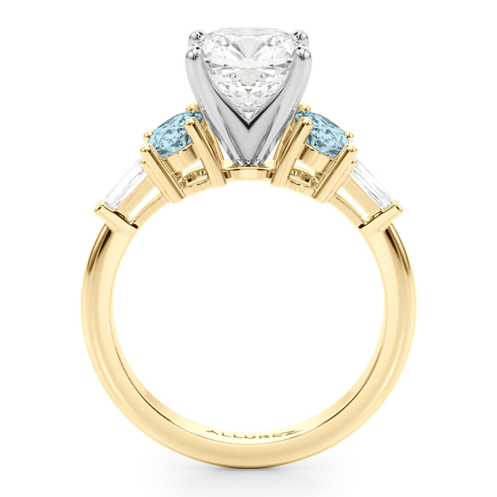 Cushion Cut Lab Diamond & Oval Aquamarine Engagement Ring 18K Yellow Gold (3.98ct)