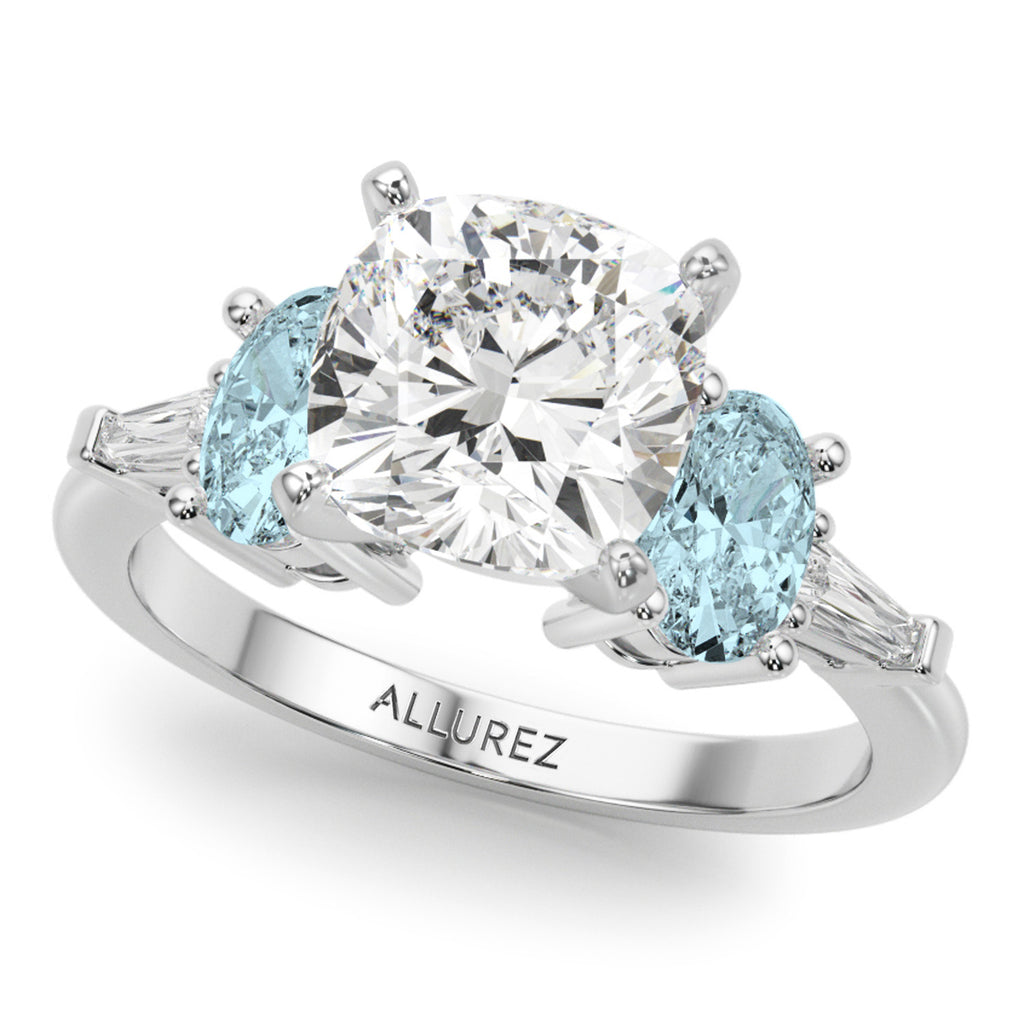 Cushion Cut Lab Diamond & Oval Aquamarine Engagement Ring in Palladium (3.98ct)