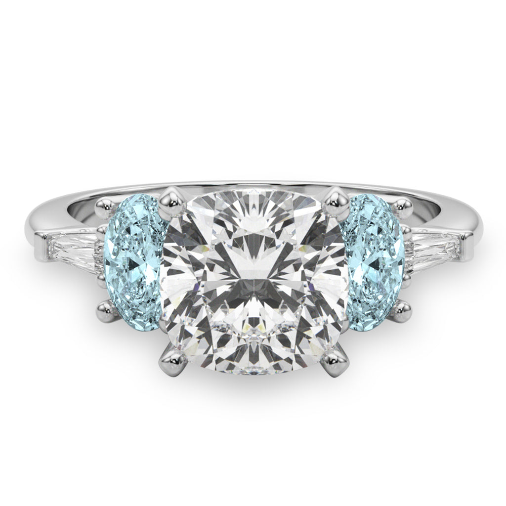 Cushion Cut Lab Diamond & Oval Aquamarine Engagement Ring in Palladium (3.98ct)