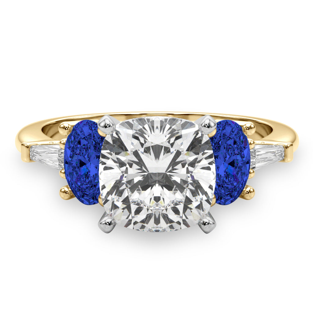 Cushion Cut Lab Diamond & Oval Blue Sapphire Engagement Ring 14K Yellow Gold (4.32ct)