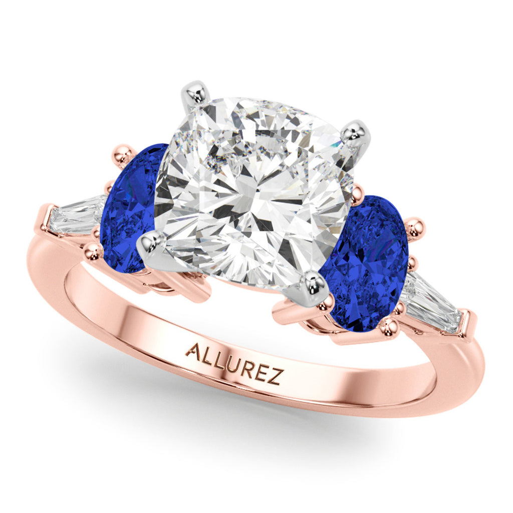 Cushion Cut Lab Diamond & Oval Blue Sapphire Engagement Ring 18K Rose Gold (4.32ct)