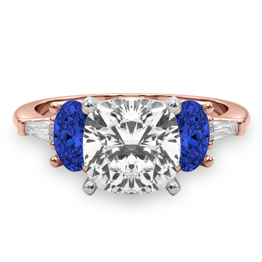 Cushion Cut Lab Diamond & Oval Blue Sapphire Engagement Ring 18K Rose Gold (4.32ct)
