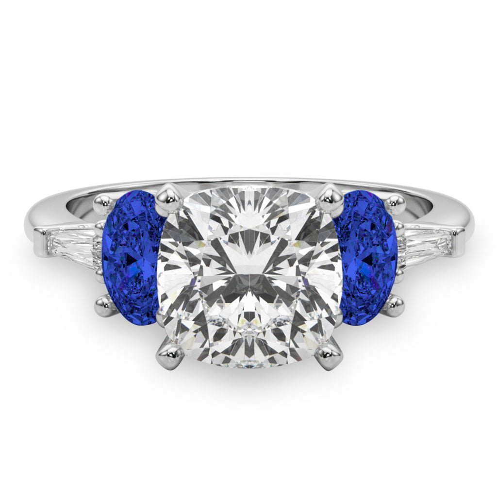 Cushion Cut Lab Diamond & Oval Blue Sapphire Engagement Ring in Palladium (4.32ct)