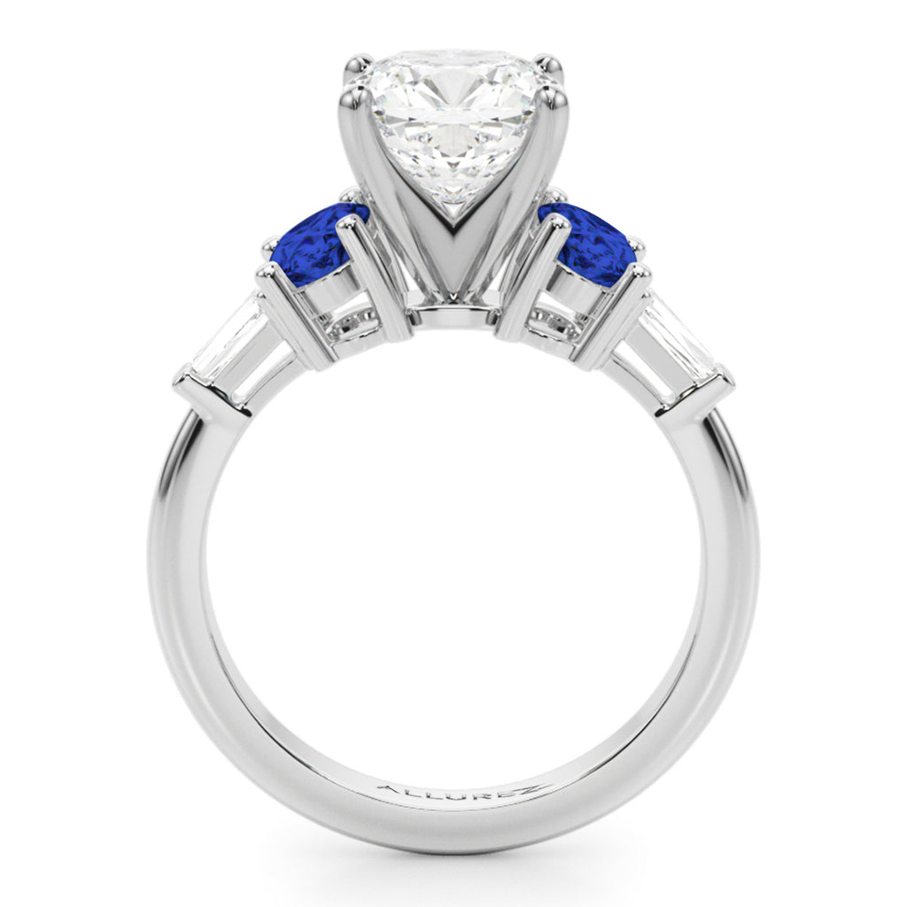Cushion Cut Lab Diamond & Oval Blue Sapphire Engagement Ring in Palladium (4.32ct)
