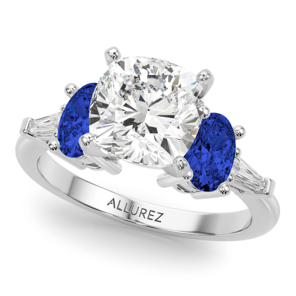 Cushion Cut Lab Diamond & Oval Blue Sapphire Engagement Ring in Platinum (4.32ct)