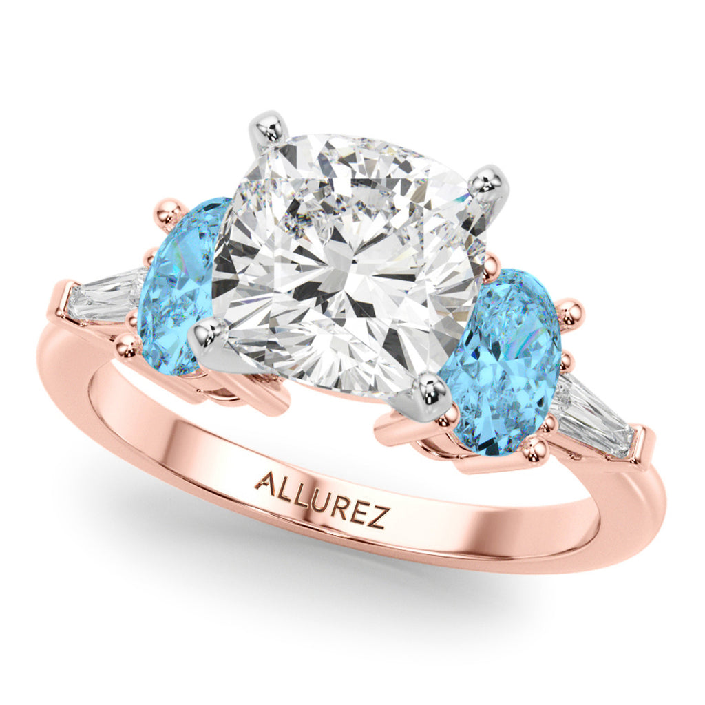 Cushion Cut Lab Diamond & Oval Blue Topaz Engagement Ring 14K Rose Gold (4.18ct)