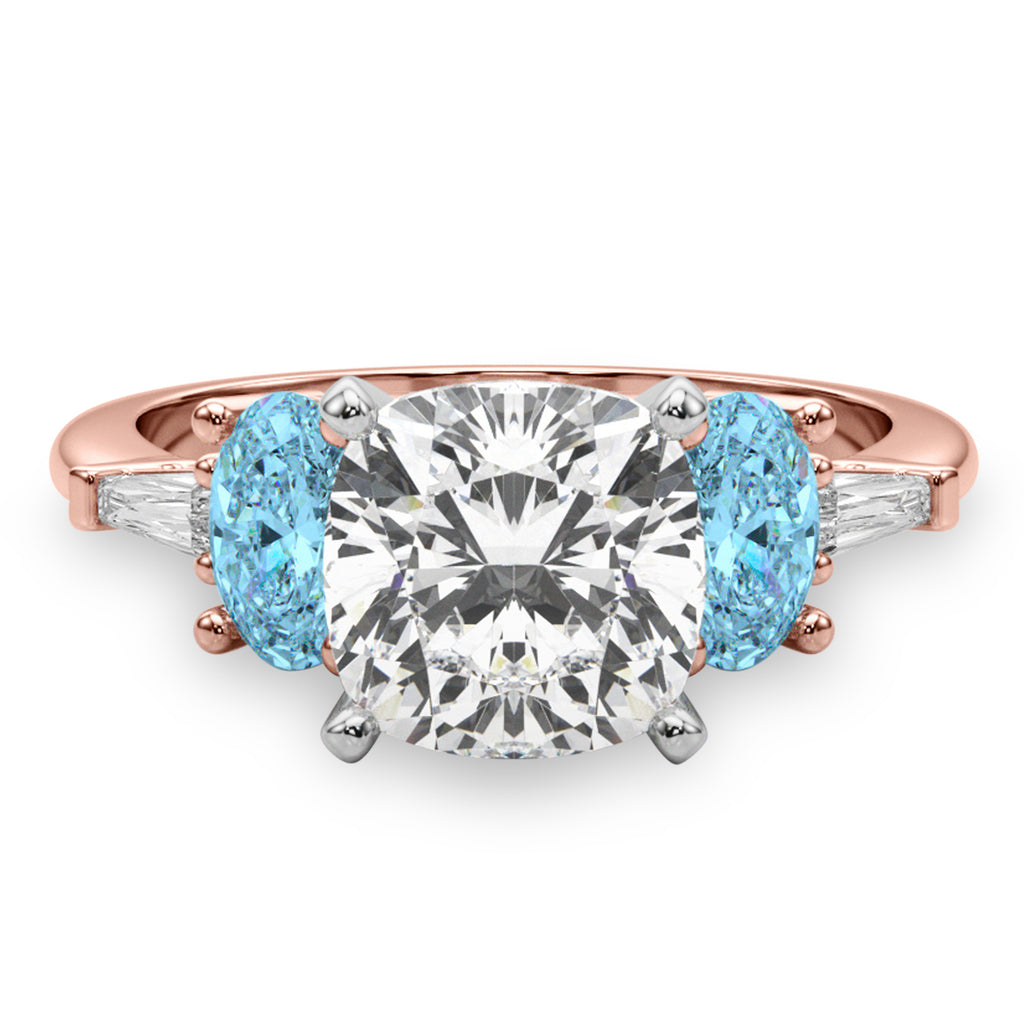 Cushion Cut Lab Diamond & Oval Blue Topaz Engagement Ring 14K Rose Gold (4.18ct)
