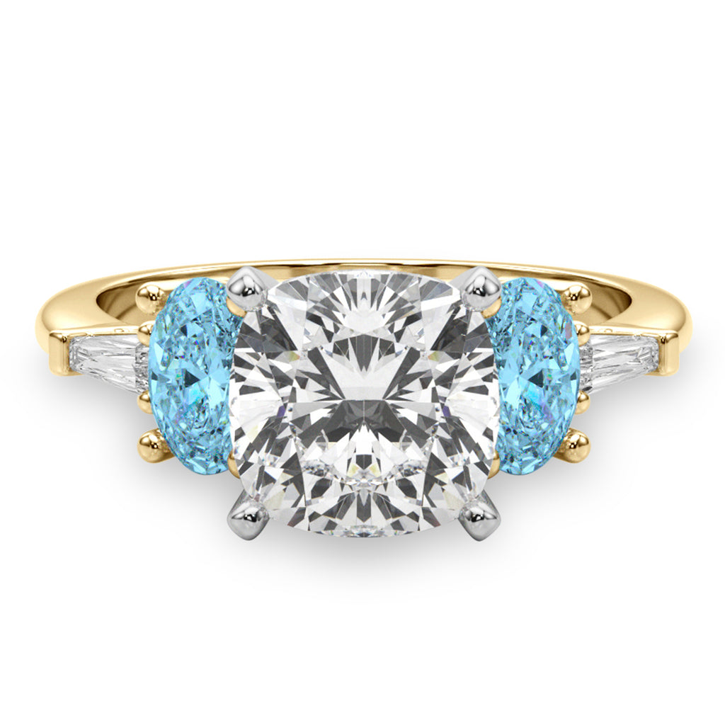 Cushion Cut Lab Diamond & Oval Blue Topaz Engagement Ring 14K Yellow Gold (4.18ct)